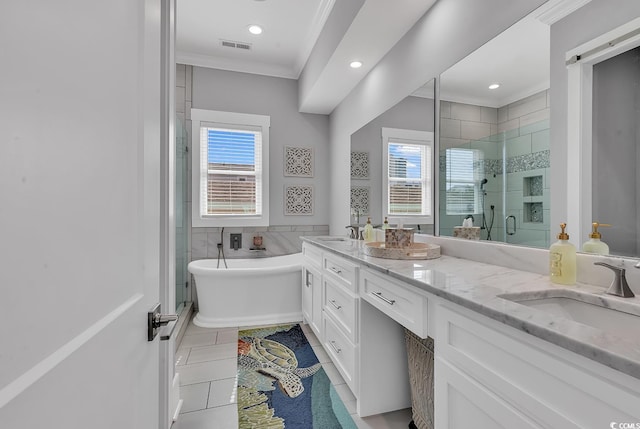 bathroom featuring a wealth of natural light, a shower stall, ornamental molding, and a sink