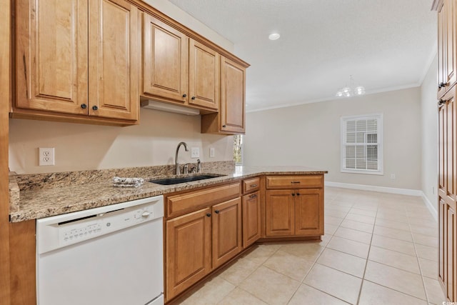 kitchen featuring light tile patterned floors, ornamental molding, a sink, light stone countertops, and dishwasher