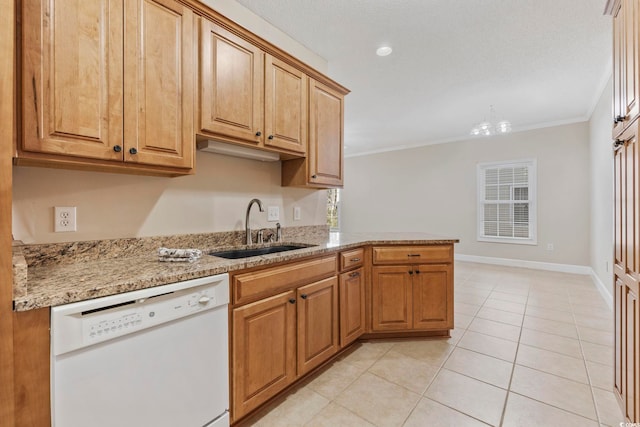 160 Lazy Willow Ln Unit 204, Myrtle Beach, SC 29577 - kitchen featuring dishwasher, a sink, crown molding, light stone counters, and light tile patterned floors
