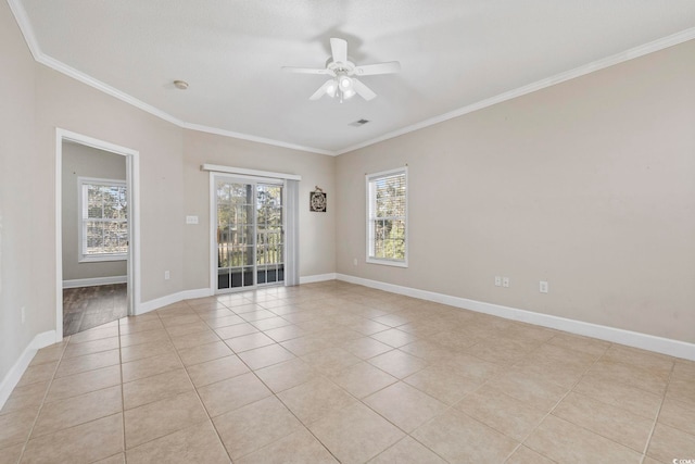 unfurnished room featuring light tile patterned floors, baseboards, ornamental molding, and a ceiling fan