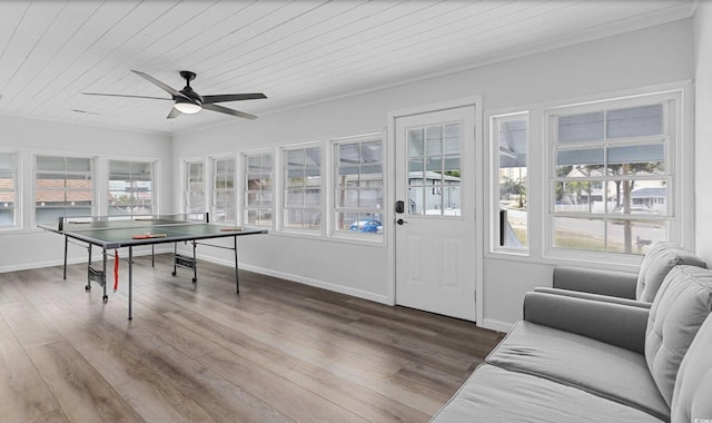 214 2nd Ave S, North Myrtle Beach, SC 29582 - recreation room with a ceiling fan, wood ceiling, and dark wood-style flooring