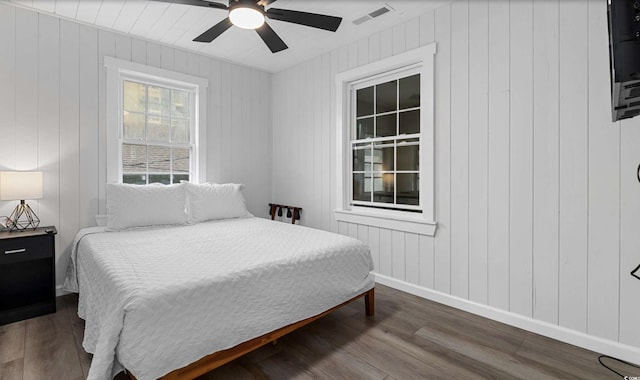 214 2nd Ave S, North Myrtle Beach, SC 29582 - bedroom featuring wood finished floors, ceiling fan, and wooden walls