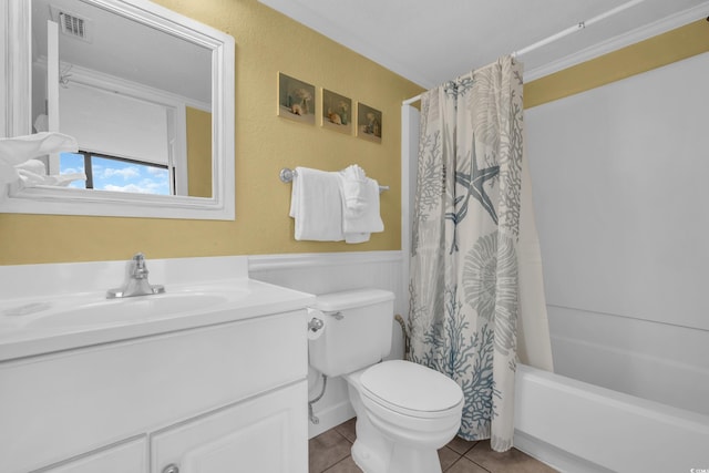 9400 Shore Dr Unit 722, Myrtle Beach, SC 29572 - full bathroom with vanity, shower / bath combination with curtain, tile patterned floors, and a wainscoted wall