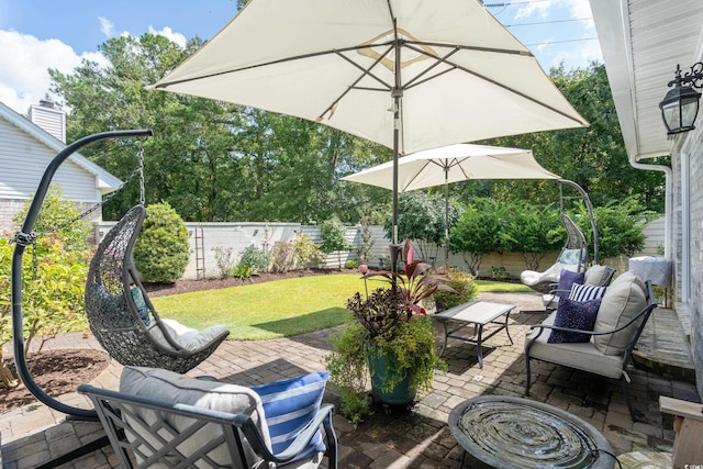 view of patio featuring an outdoor living space and a fenced backyard