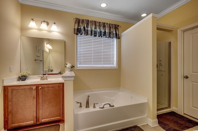 bathroom featuring a garden tub, recessed lighting, vanity, ornamental molding, and a shower stall