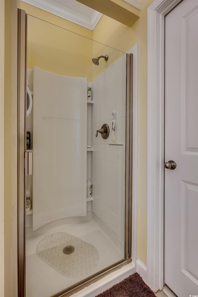 bathroom with crown molding and a shower stall