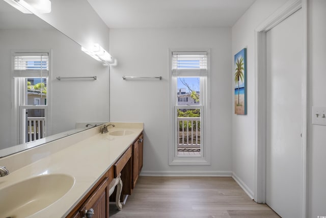 full bathroom featuring double vanity, wood finished floors, baseboards, and a sink