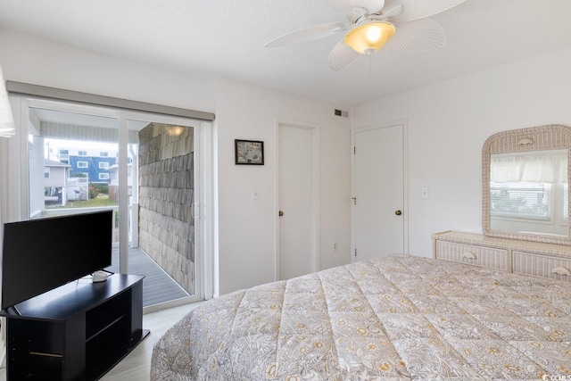 bedroom featuring visible vents, ceiling fan, and access to outside