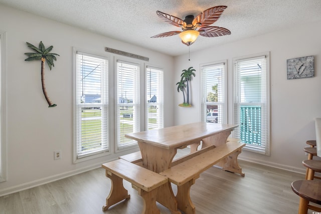 dining room featuring light wood finished floors, baseboards, a textured ceiling, and a ceiling fan