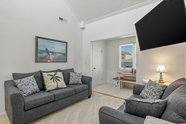 living room with visible vents, baseboards, lofted ceiling, ornamental molding, and carpet flooring