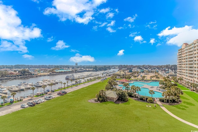 bird's eye view with a water view