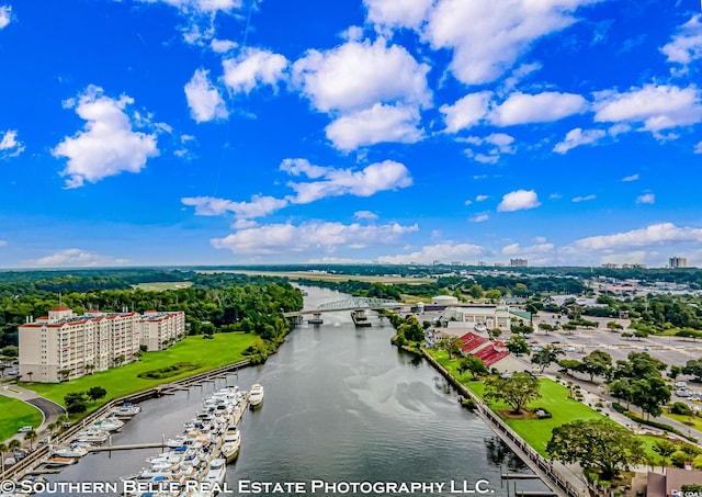 birds eye view of property with a water view