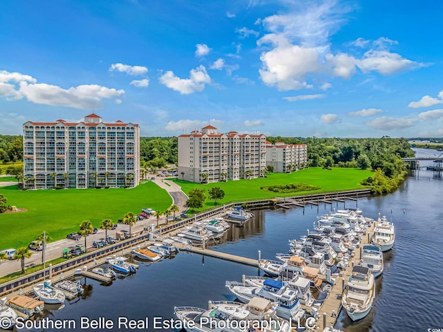 aerial view featuring a water view