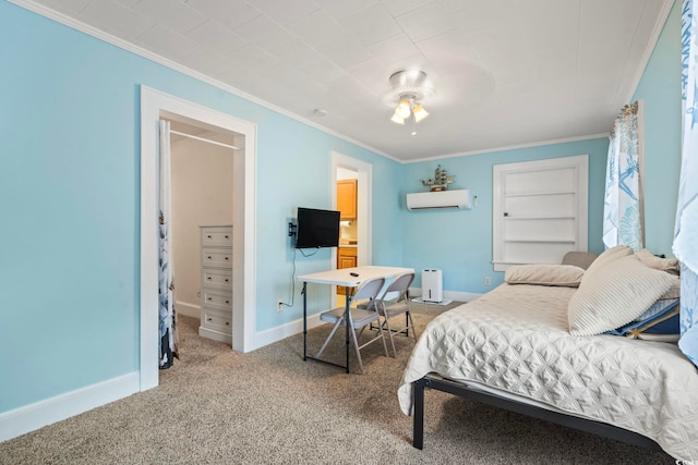 carpeted bedroom featuring baseboards, a wall mounted AC, and crown molding