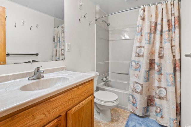 full bath featuring vanity, toilet, and shower / tub combo with curtain