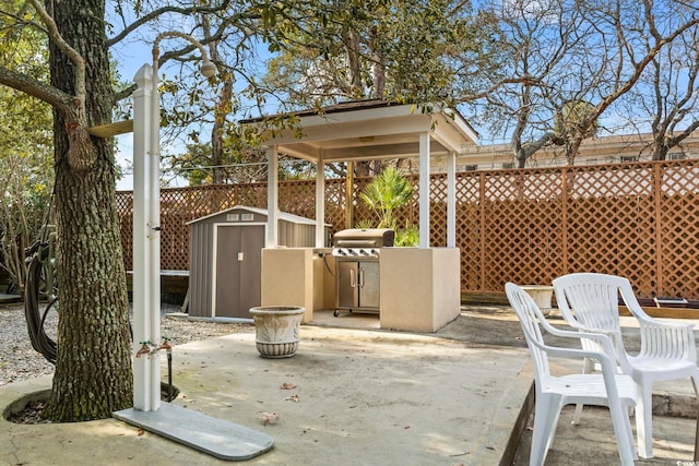 view of patio / terrace featuring a shed, grilling area, an outdoor structure, and fence