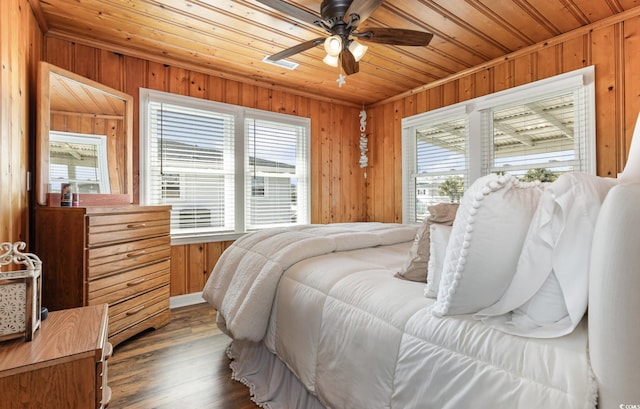 bedroom with wood walls, wood ceiling, dark wood finished floors, and ceiling fan