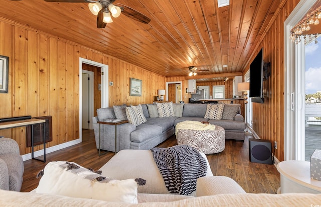 living area with wooden ceiling, wooden walls, and wood finished floors