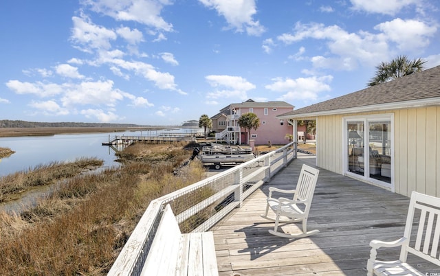 wooden deck with a water view