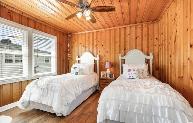 bedroom featuring wooden ceiling, visible vents, wood walls, and wood finished floors