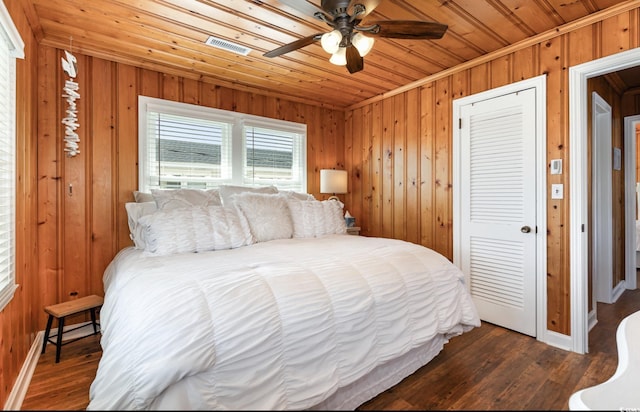 bedroom featuring dark wood-style floors, wooden ceiling, visible vents, and wood walls