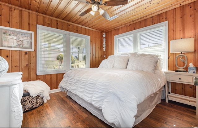 bedroom featuring wooden ceiling, multiple windows, wood walls, and dark wood-style flooring