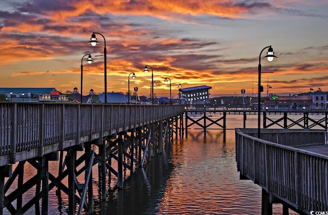 view of community featuring a pier and a water view