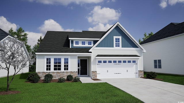 view of front of home with a garage, concrete driveway, stone siding, board and batten siding, and a front yard