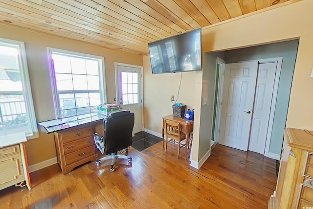 office space featuring baseboards, light wood-style flooring, and wooden ceiling