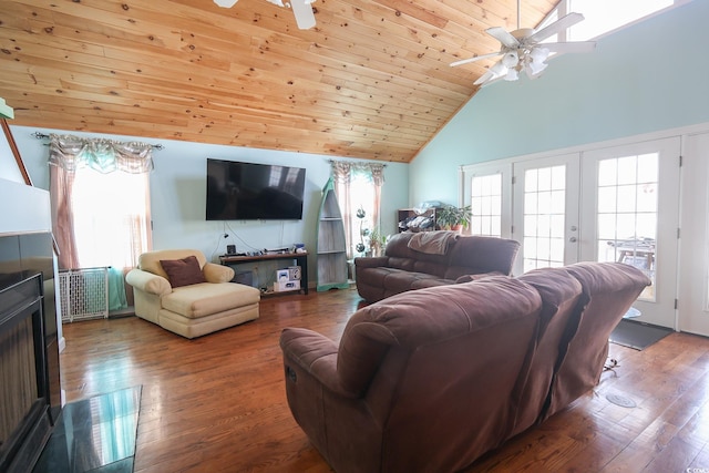 living area featuring a wealth of natural light, wood ceiling, a ceiling fan, and hardwood / wood-style floors