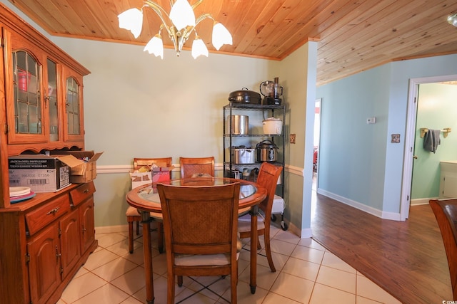 dining space with wooden ceiling, a notable chandelier, and light tile patterned flooring