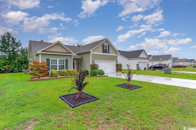 view of front of house featuring board and batten siding, a front yard, driveway, and an attached garage