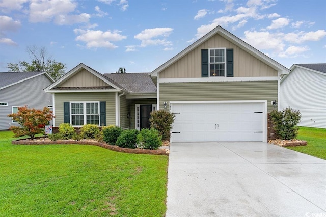 view of front of home featuring a shingled roof, concrete driveway, board and batten siding, a front yard, and a garage