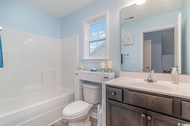 full bath with toilet, visible vents, tub / shower combination, and vanity