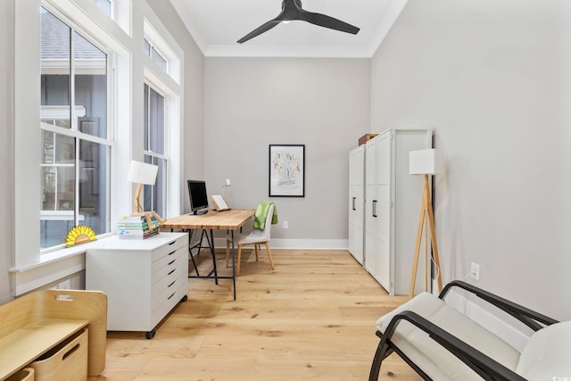 home office with crown molding, baseboards, a ceiling fan, and light wood-style floors