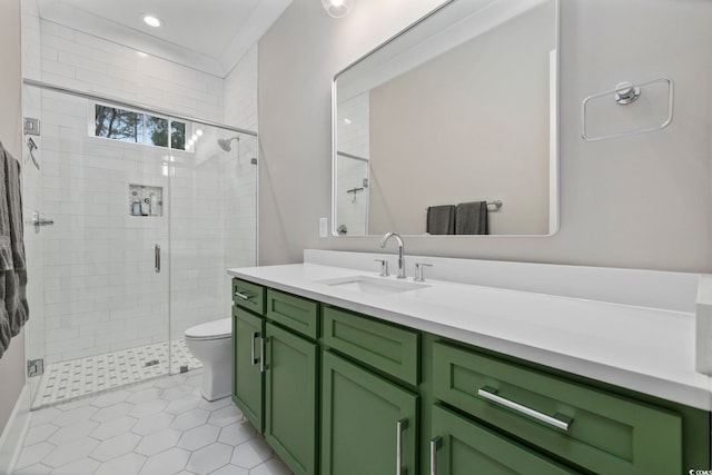 bathroom with tile patterned flooring, toilet, a shower stall, and vanity