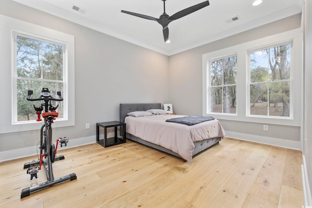 bedroom with recessed lighting, baseboards, visible vents, and hardwood / wood-style floors