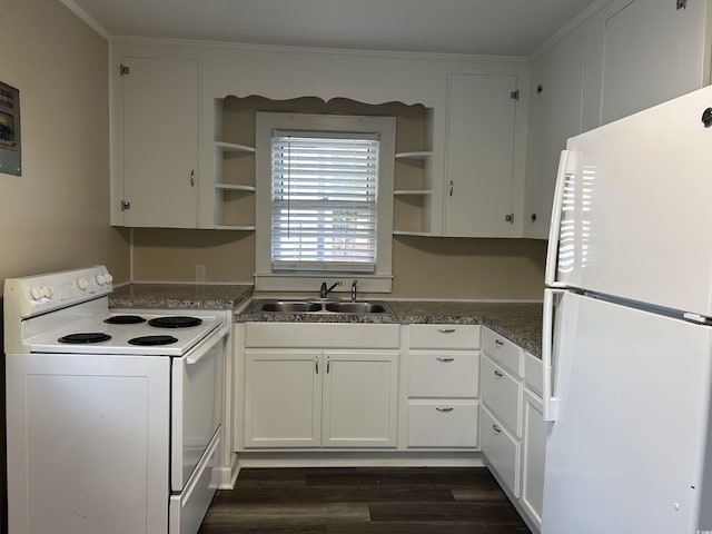 kitchen with open shelves, dark wood-style flooring, white appliances, white cabinetry, and a sink