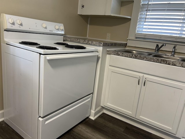 kitchen featuring dark wood-style floors, open shelves, a sink, white cabinetry, and white electric range