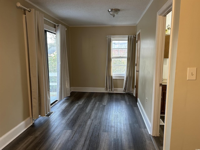 spare room featuring dark wood finished floors, ornamental molding, a wealth of natural light, and a textured ceiling