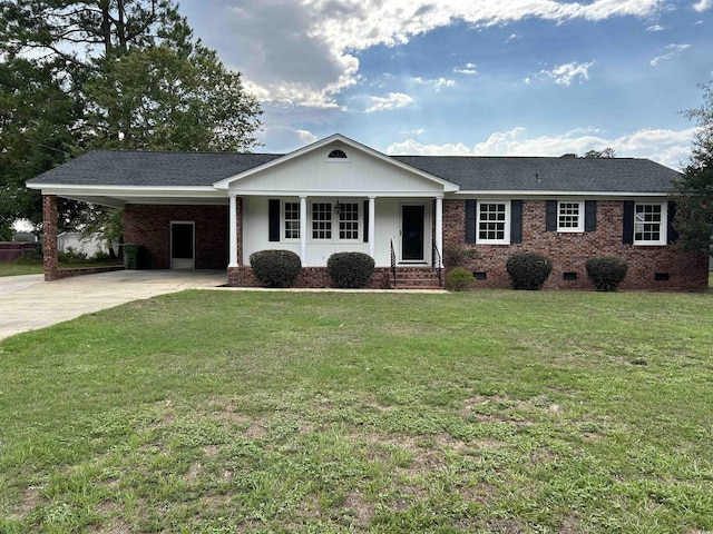 single story home featuring crawl space, driveway, a front lawn, and an attached carport