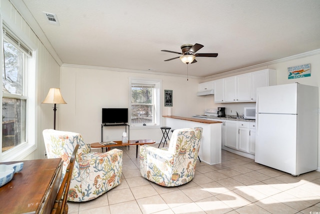 613 Calhoun Dr, Murrells Inlet, SC 29576 - living area featuring crown molding, light tile patterned flooring, and a ceiling fan