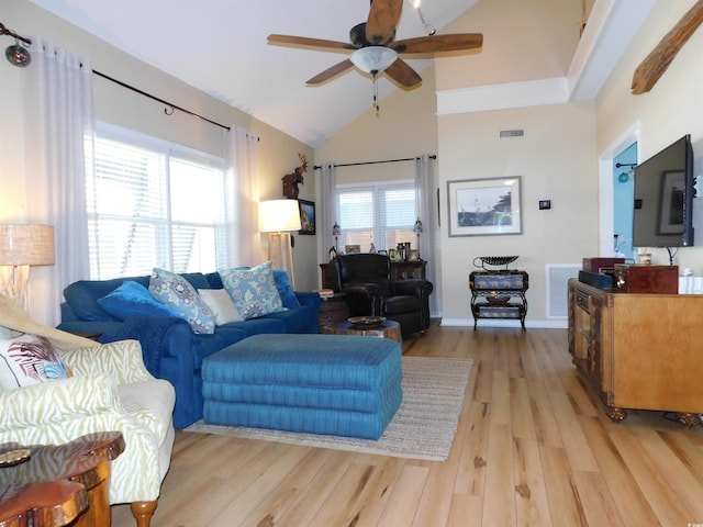 living room featuring ceiling fan, high vaulted ceiling, light wood-style flooring, and visible vents