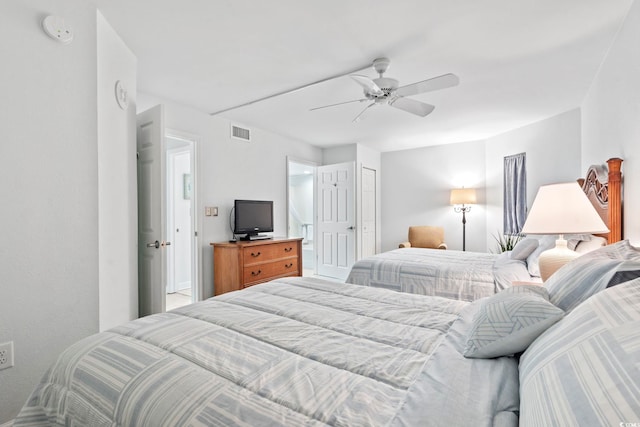 bedroom featuring a closet, visible vents, and a ceiling fan