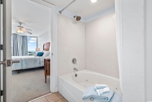 full bathroom with ceiling fan, tile patterned flooring, shower / tub combination, and connected bathroom