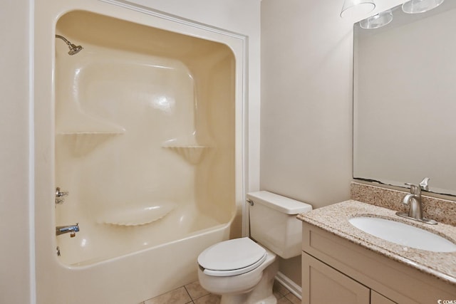 full bathroom with bathtub / shower combination, vanity, toilet, and tile patterned floors