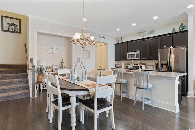 dining room featuring a chandelier, recessed lighting, stairway, dark wood-style floors, and crown molding