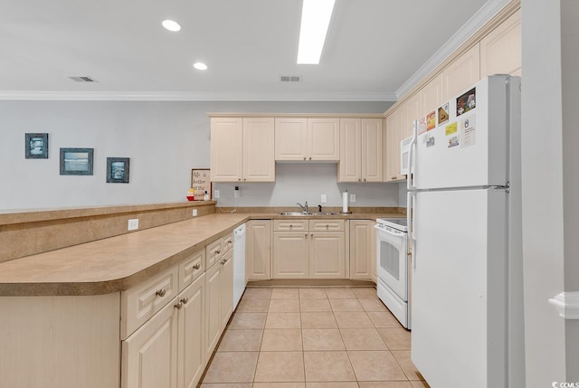 kitchen with light tile patterned floors, visible vents, ornamental molding, white appliances, and a peninsula