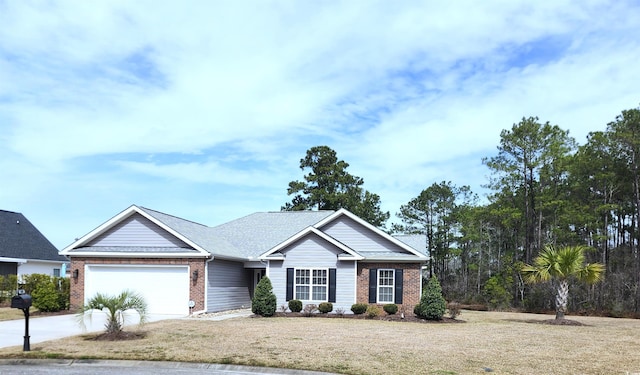 single story home with a garage, concrete driveway, and brick siding