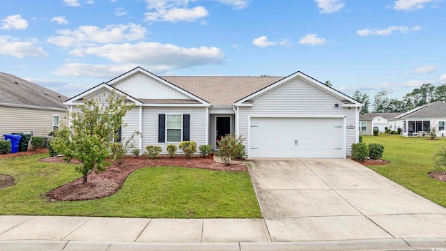 single story home featuring an attached garage, a front lawn, concrete driveway, and roof with shingles